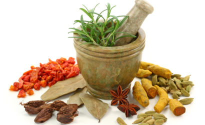 Mortar with fresh rosemary and dried spices